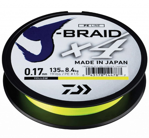 Плетеный шнур Daiwa J-braid X4 135м 0.19мм Yellow